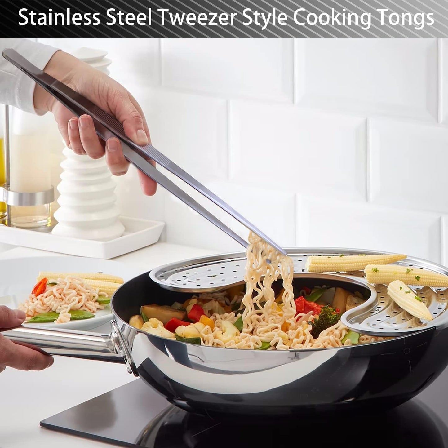 JETKONG 2 Pcs 12-Inch Kitchen Tweezers Tongs with Precision Serrated Tips, Stainless Steel Chef Tweezer Professional Cooking Tweezers for BBQ, Plating and Serving (12-Inch, Black)