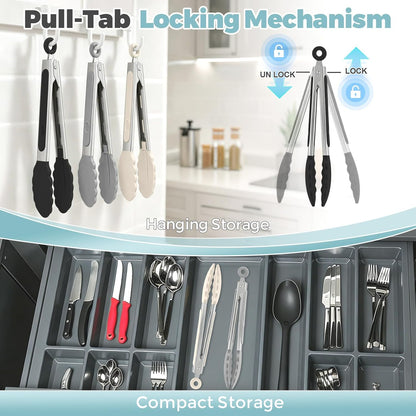 Kitchen Tongs, Stainless Steel Cooking Tongs with Silicone Tips, 600ºF High Heat-Resistant Non Scratch Locking Tongs for Cooking BBQ Grilling Air Fryer Pans, Set of 3 (7" 9" and 12") Black