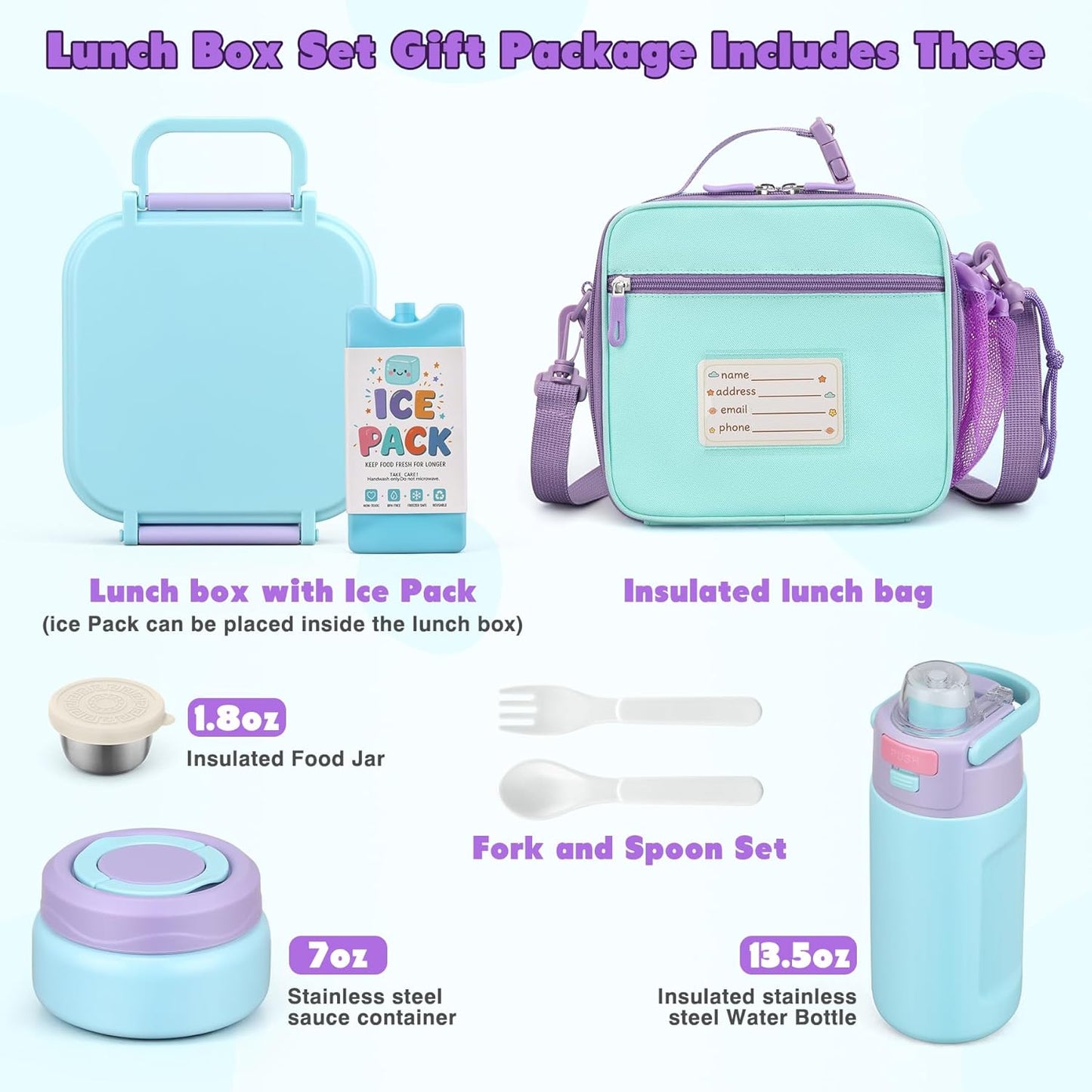 Bento Lunch Box for Kids with 7oz Soup Thermo,Insulated Stainless Steel Kids Water Bottle with Straw and Insulated Lunch Bag,Leak-Proof Lunch Food Container with Ice Pack for School (Purple-Mermaid)