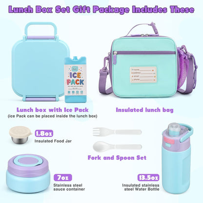 Bento Lunch Box for Kids with 7oz Soup Thermo,Insulated Stainless Steel Kids Water Bottle with Straw and Insulated Lunch Bag,Leak-Proof Lunch Food Container with Ice Pack for School (Purple-Mermaid)