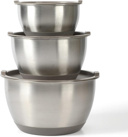 Martha Stewart Rhinewell Mirror Polish 6 Piece Stainless Steel Mixing Bowls with Lid and Non-Slip Base - Grey