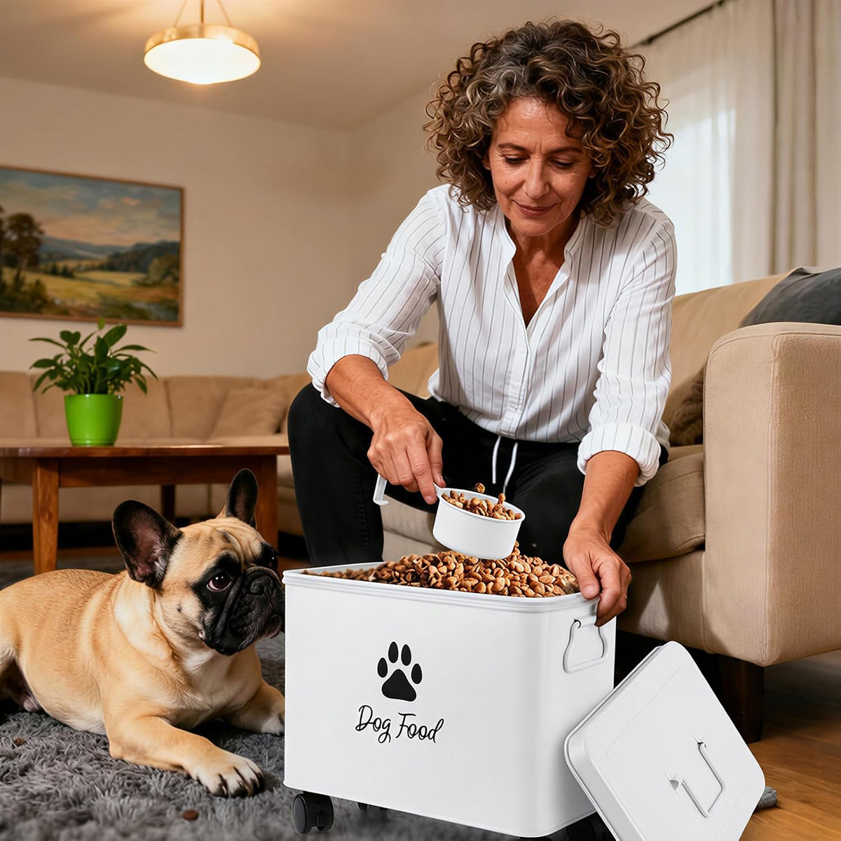 Dog Food Container 13lb, Cute Airtight Pet Food Storage Containers with Metal Lid Scoop, Black Metal Storage Bin for Dog/Cat with Wheels,Easy to Move