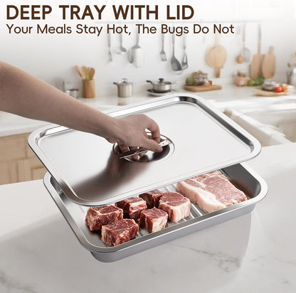 GOLDEN KEY Grilling Prep and Serve Tays,Stainless Steel Grill Carry System,5 Pcs Grill Prep Trays Set for Outdoor Picnic, Heat Resistant, Stackable, Includes Marinade Container & Cutting Board