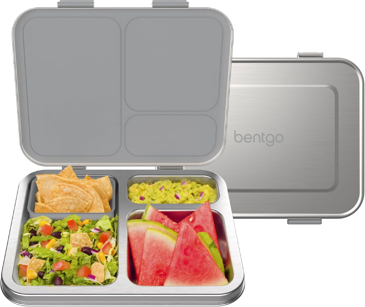 Bentgo Kids Stainless Steel Leak-Resistant Lunch Box - 3-Compartments with Bonus Silicone Container, Durable, Eco-Friendly, Dishwasher Safe, BPA-Free, Ideal for School, Ages 3+ (Silver)