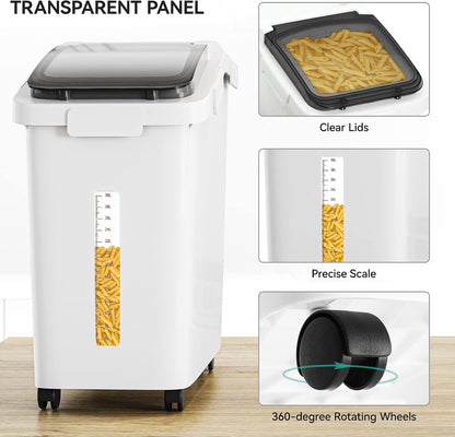 YITAHOME 50L/90lb Large Ingredient Flour Storage Bin, Commercial 11.4-Gallon Rice Storage Container 280 Cups Bulk Flour storage Bins with Wheels,Scoop,Lid and scale, Rice Bin for Kitchen, White