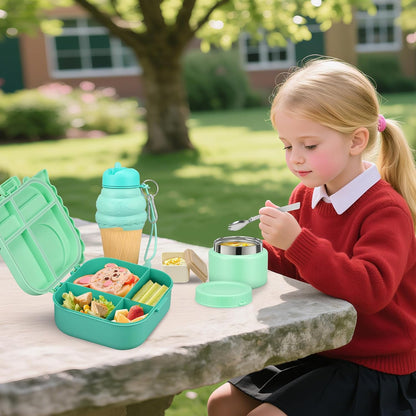 Aimsnk Magical Dinosaur Kids Lunch Box Set -12oz Insulated Food Jar, Leakproof Lunch Food Containers Cutlery, Leak-Proof Sauce Cup & Spoon, Gradient Green+Jar Green
