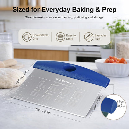 Ourokhome 2 Pack Bench Scraper Dough Cutter, Stainless Steel Dough Scraper with Laser-Etched Scale, Conversion Chart, Non-Slip Handle, Dishwasher Safe for Bread & Pastry, Black