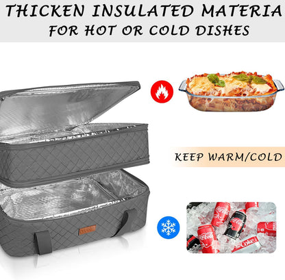 Quilted Double Decker Casserole Carrier - Expandable Dish Carrying Case for Hot or Cold Food, Lasagna Holder for Potluck Parties, Picnic, Beach, Fits 9"×13" Baking Dish (Black)