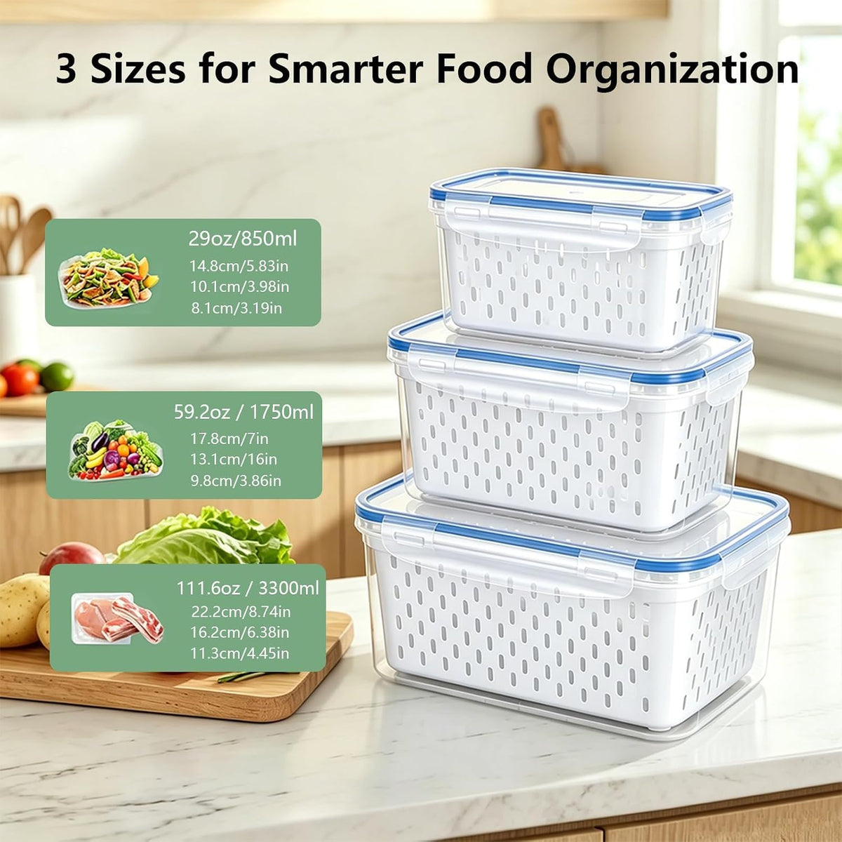 3 Pack Fruit Storage Containers for Fridge with Removable Colander and Lids