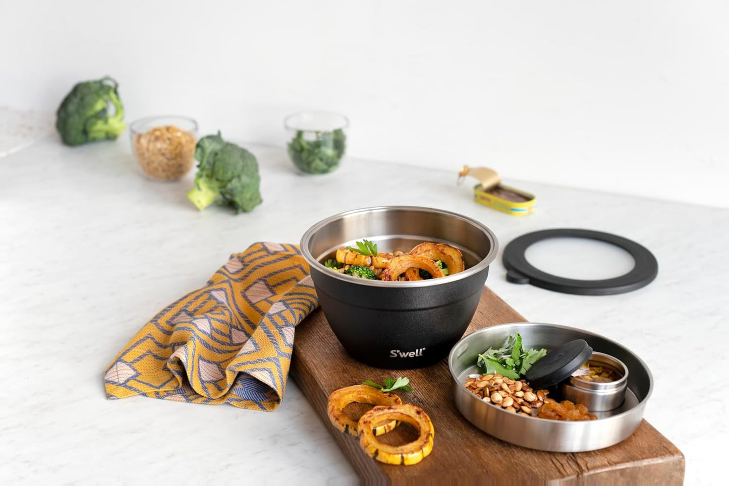S'well Stainless Steel Salad Bowl Kit 64oz, Peacock Blue, Comes with 2oz Mini Canister and Removable Tray for Organization, Leakproof, Easy to Clean, Dishwasher Safe