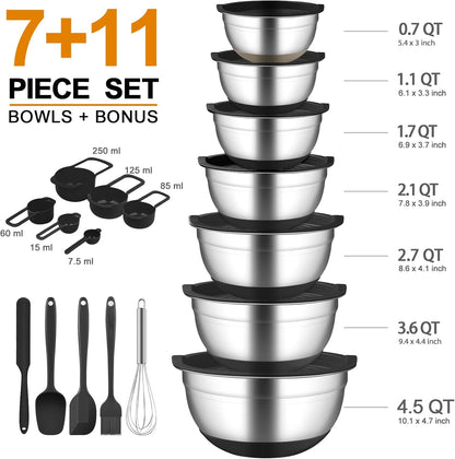 CHAREADA Mixing Bowls with Airtight Lids, 18pcs Stainless Steel Nesting Mixing Bowls Set Non-slip Silicone Bottom, Size 4.5, 3.6, 2.7, 2.1, 1.7, 1.1, 0.7 qt, Fit for Mixing & Serving(Colorful)