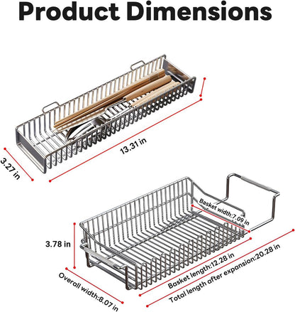 Expandable Over The Sink Dish Drainer Drying Rack, Stainless Steel Metal, Small Adjustable Dish Drainer Drying Rack for Kitchen Counter, Space Saving for Compact Kitchen