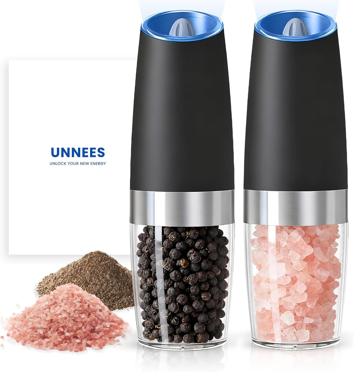 UNNEES Battery Operated Gravity Salt And Pepper Grinder Set, 2 Pcs (Black)