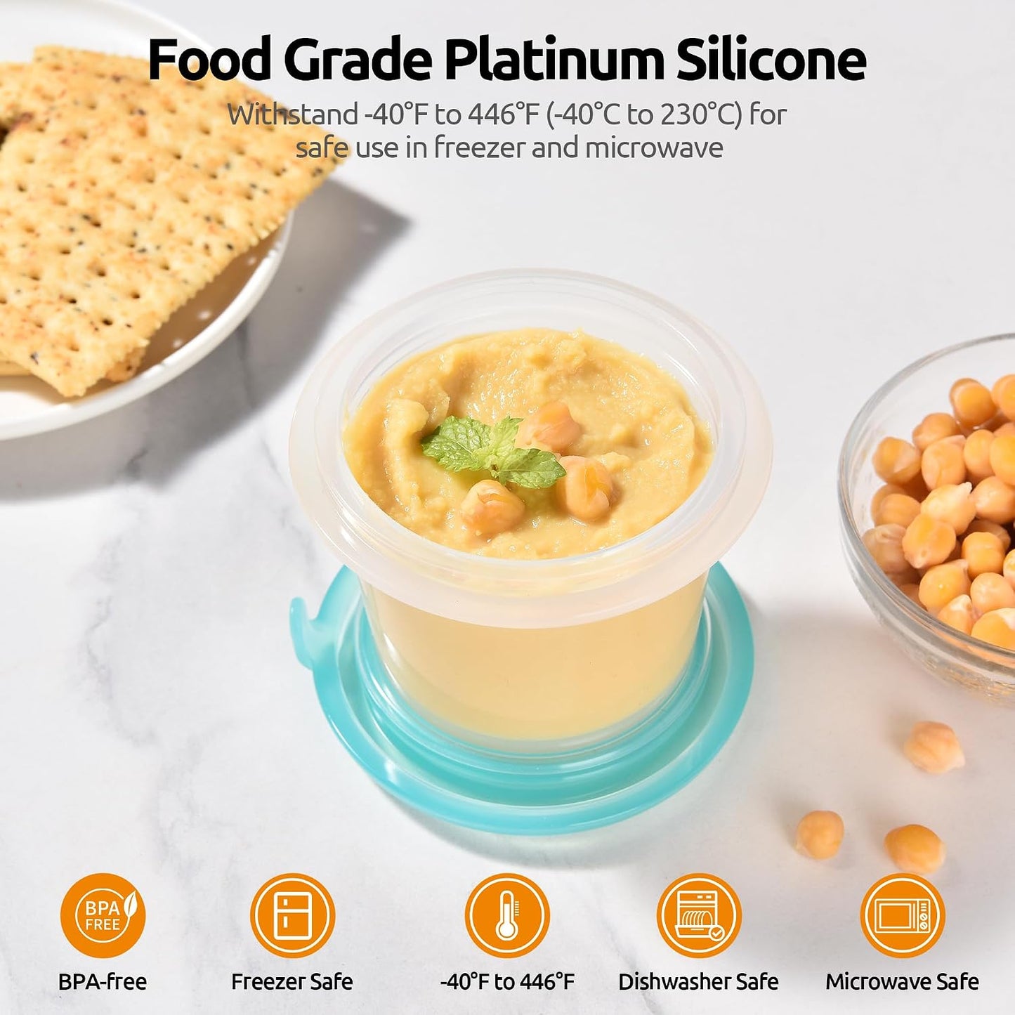 U-Taste Silicone Food Storage Containers Set: Meal Prep Box with Airtight Lid, Freezer & Microwave Safe, Date Marking Circle, Clear cup/oz/ml Measurement for Dry & Wet Deli -2oz/4oz/8oz/16oz, Aqua Sky