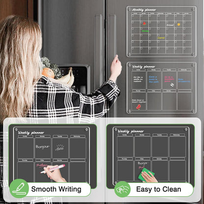 WALGLASS Acrylic Calendar for Fridge, 8.5"x11" Gold Weekly Clear Acrylic Magnetic Dry Erase Board for Refrigerator, Set of 2 Stronger-Magnetic Reusable Fridge Planner, Includes 8 Liquid Chalk Markers