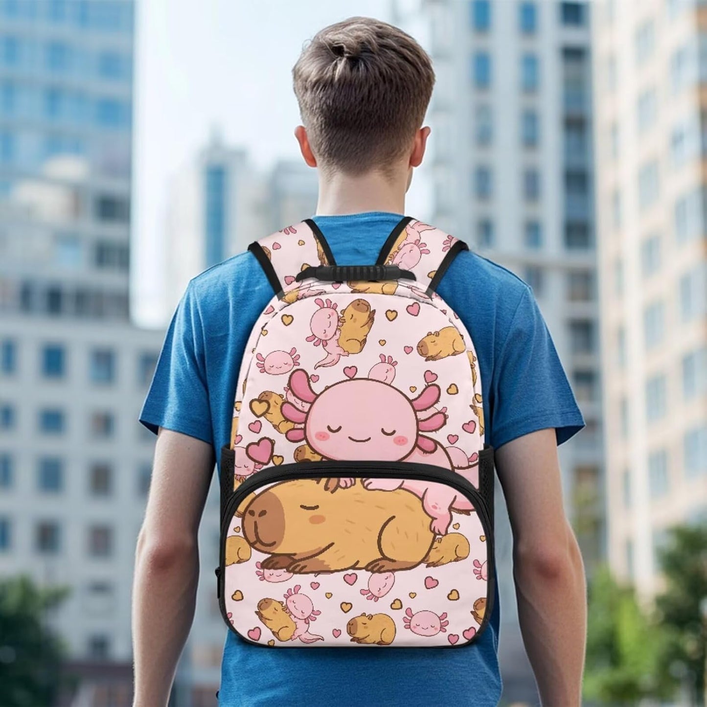 Cute Capybara Pizza Backpack for Girls, 5 Pcs Boys School Bag Set for Kids, 17 Inch Backpacks Lunch Pencil Box Reusable Utensils Case Set for Middle Elementary School, 3rd Grade Backpack