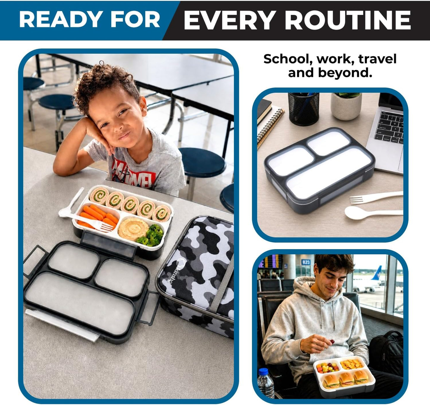 kinsho Lunch Box for Kids Boys Girls - Bento Box Set with Insulated Bag and Ice Pack, 6 Compartment Leak Proof Food Container, BPA-Free, Microwave Safe, Ideal for School & Work, Teal
