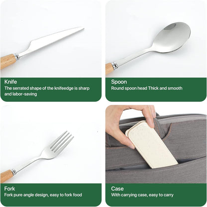 Reusable Travel Utensils with Case, 4pcs Portable Cutlery Set, Knives Fork and Spoon Set for Lunch Box, Portable Silverware Set for Travel Camping Picnic Hiking Office