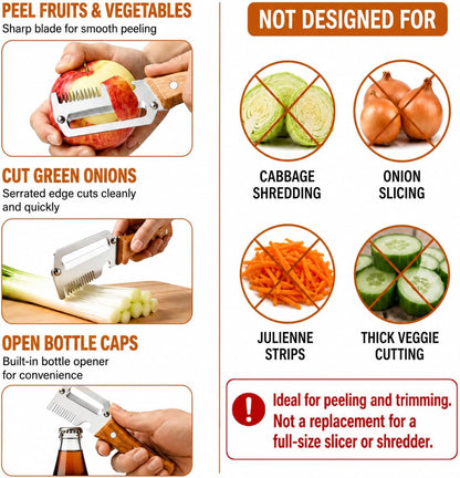 Left & Right Hand Vegetable Peeler Set with Scallion Slicer & Bottle Opener, Thickened Stainless Steel Wide Blade for Smooth Peeling, Wooden Handle Kitchen Peeler for Fruits & Vegetables