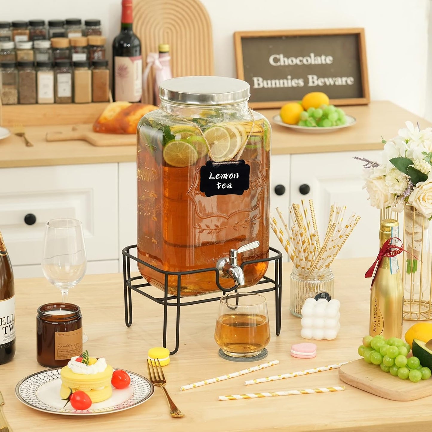 Bululuo Glass Drinks Dispenser for Parties, 2 Gallon Beverage Dispenser with Stand for Juice and Iced Tea, Water Jug Dispenser for Lemonade, Party Essential Beverage Pitcher with Spout