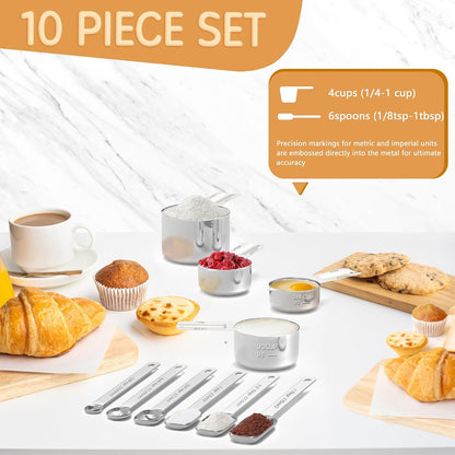 Magnetic Measuring Cups and Spoons Set, 5 Nesting Stainless Steel Measuring Cup Set with Easy to Read Markings, 7 Magnetic Measuring Spoons & 1 Leveler for Measuring Dry or Liquid Ingredients