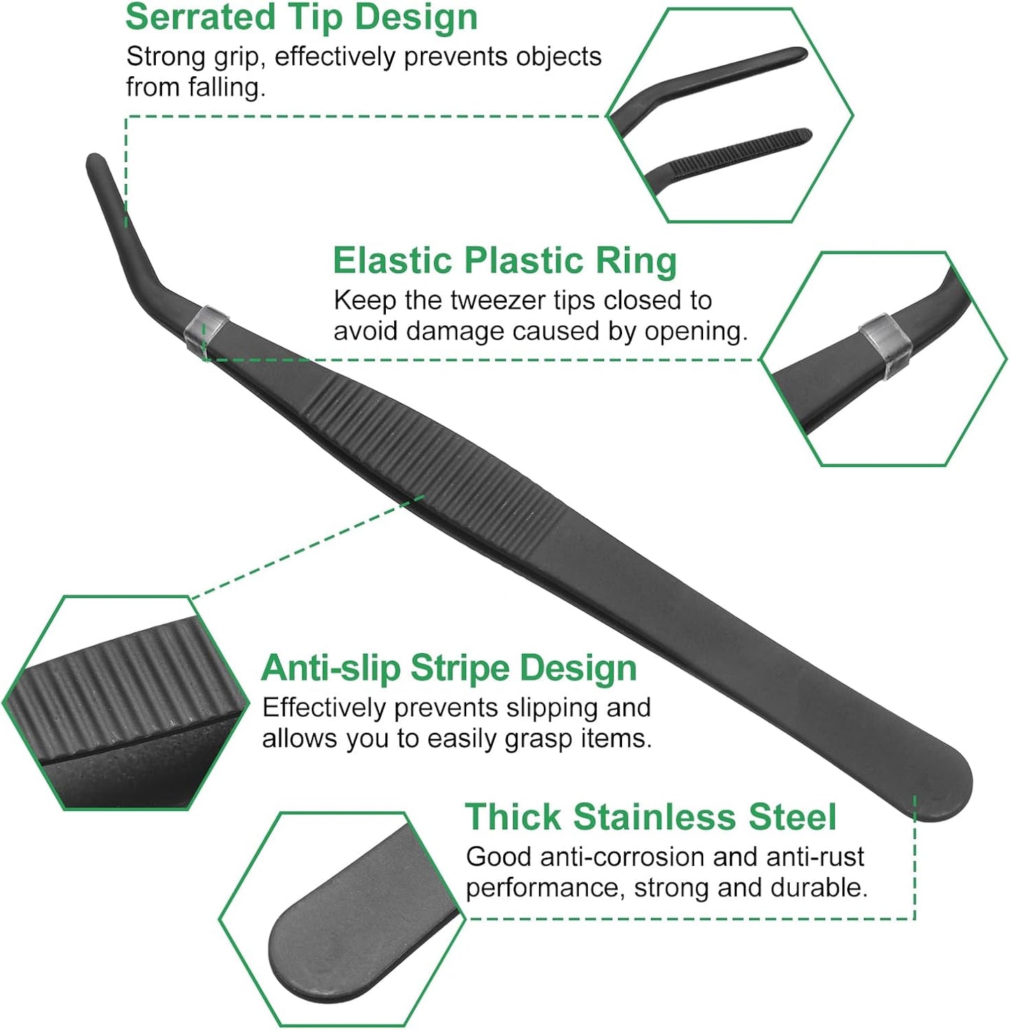 HARFINGTON Stainless Steel Tweezers 4.9 Inch Precision Tweezers with Curved Serrated Tip Multi-Purpose Kitchen Tongs for Cooking Gardening Repairing Craft, Black