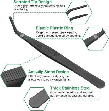 HARFINGTON Stainless Steel Tweezers 4.9 Inch Precision Tweezers with Curved Serrated Tip Multi-Purpose Kitchen Tongs for Cooking Gardening Repairing Craft, Black