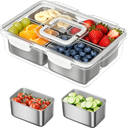 Snackle Box Container, 304 Stainless Steel Divided Serving Tray with Lid and Handle, Portable 8 Compartments Veggie Tray for Fruits,Veggies,Nuts &Candy, Dishwasher Safe for Travel,Picnic,Beach&Parties