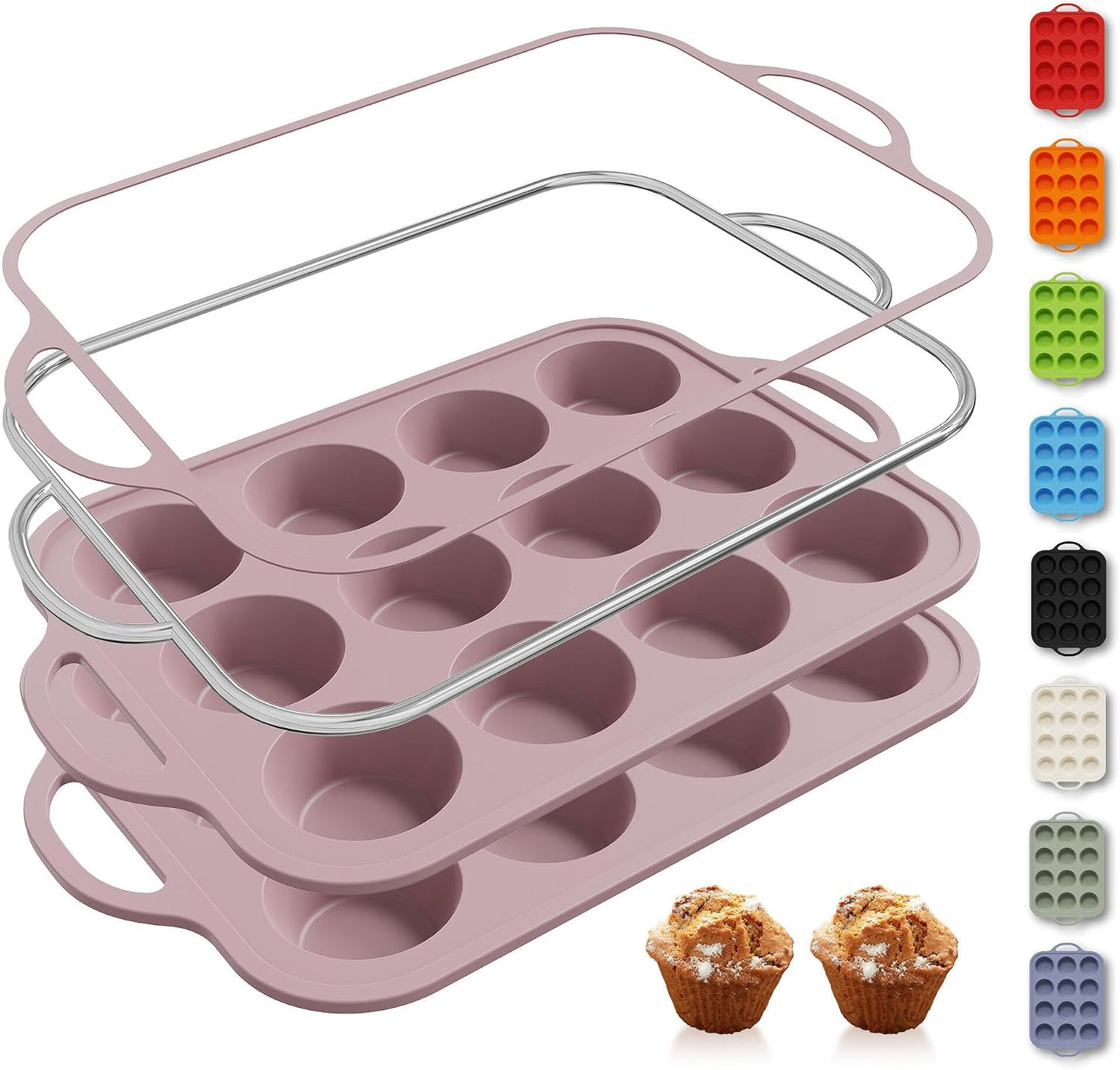 2 Packs 12 Cups Silicone Muffin Pan for Baking with Metal Reinforced Frame Regular Size Cupcake Pan Tray Egg Bites Silicone Cookie Molds Muffin Tin Tart Pans Sheet Set for Oven Dishwasher Safe