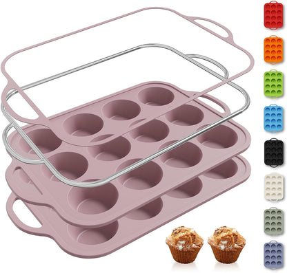 2 Packs 12 Cups Silicone Muffin Pan for Baking with Metal Reinforced Frame Regular Size Cupcake Pan Tray Egg Bites Silicone Cookie Molds Muffin Tin Tart Pans Sheet Set for Oven Dishwasher Safe