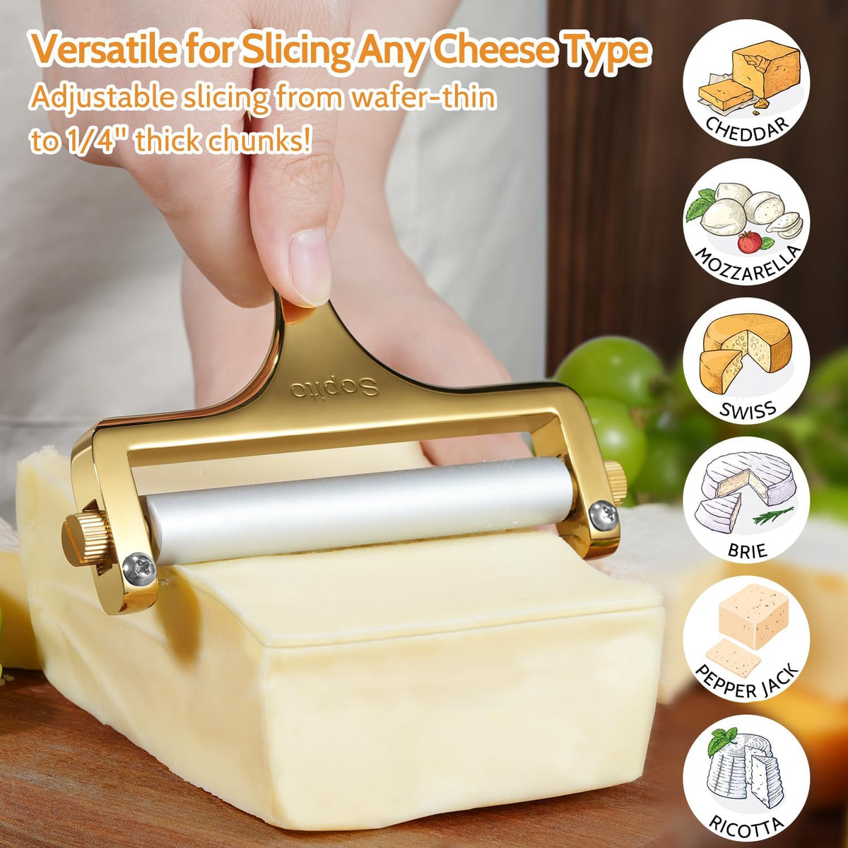 Sopito Cheese Slicer with 3 Extra Stainless Steel Wires, Silver