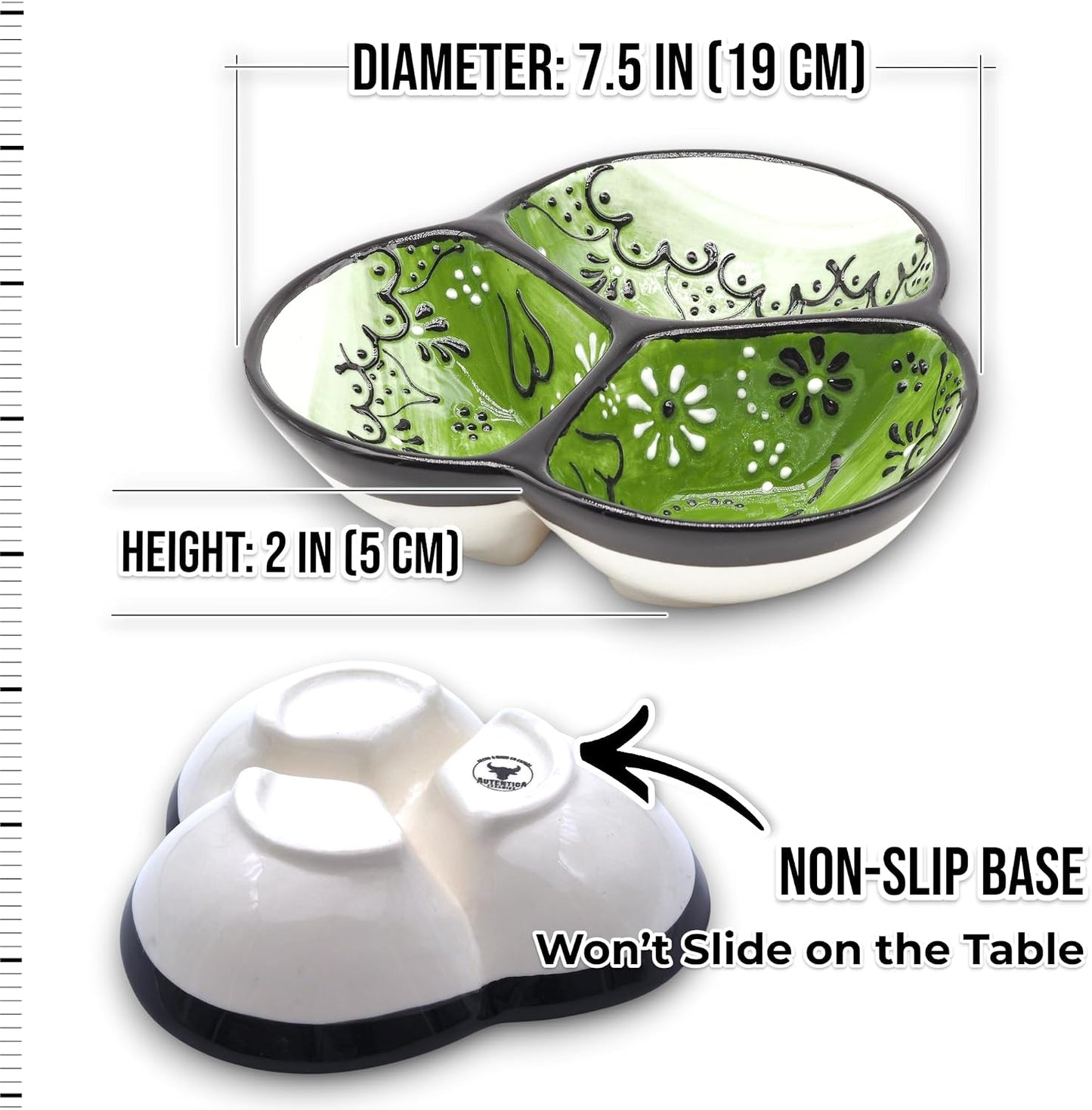 Ceramic Chip & Dip Bowl 7.5”, 3-Compartment Divided Serving Dish & Condiment Tray for Appetizers – Handmade in Spain, Lead-Free Glaze, Microwave, Oven & Dishwasher Safe