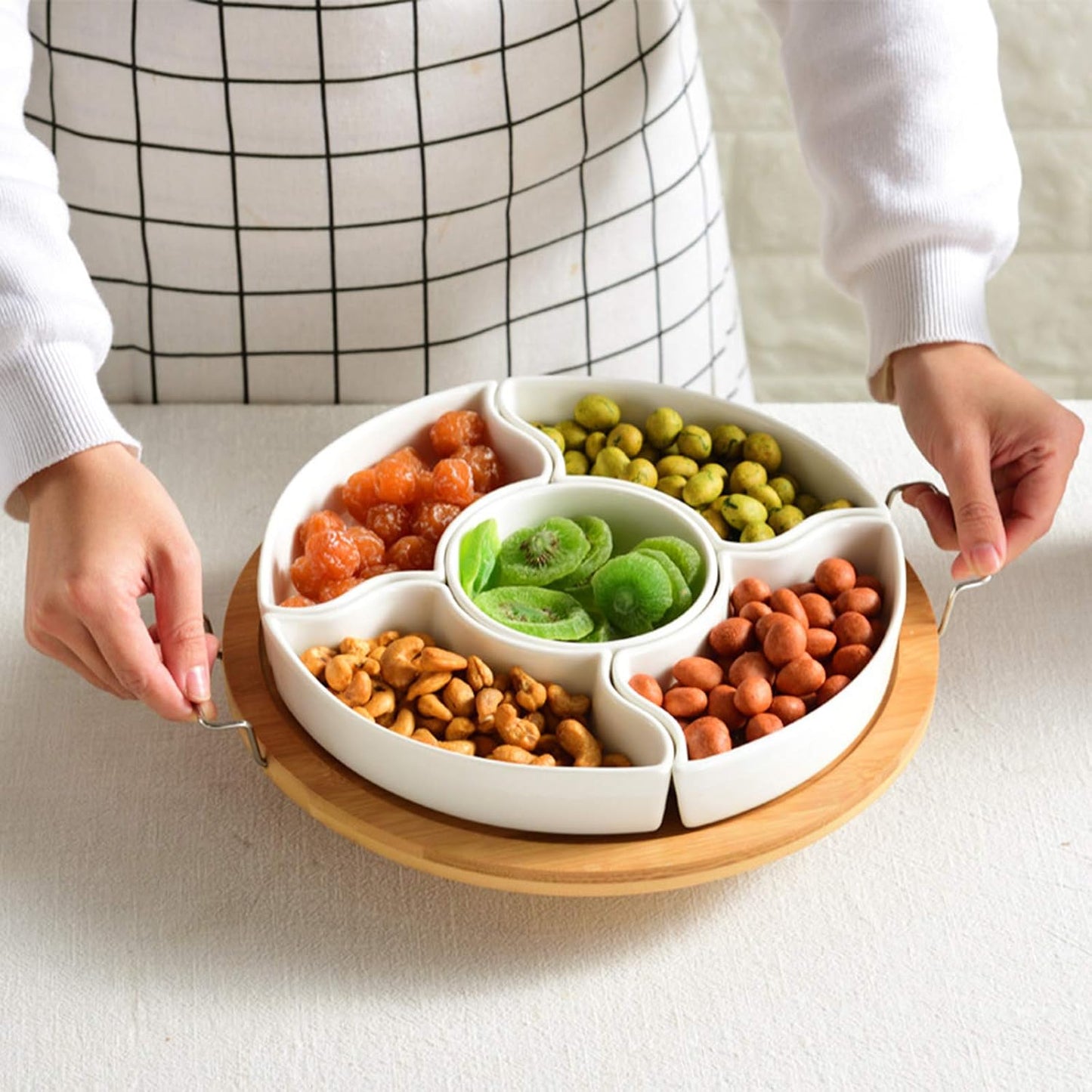 yarlung Ceramic Divided Serving Dishes Platter with Clear Lid, 11 Inch Bamboo Appetizer Tray with Handles 5 Removable Snacks Bowls Relish Tray for Candy and Nut, Chips and Dips, Veggies