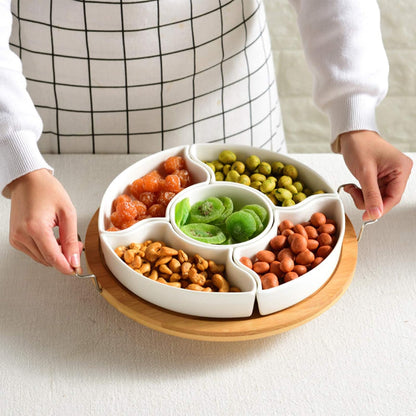 yarlung Ceramic Divided Serving Dishes Platter with Clear Lid, 11 Inch Bamboo Appetizer Tray with Handles 5 Removable Snacks Bowls Relish Tray for Candy and Nut, Chips and Dips, Veggies