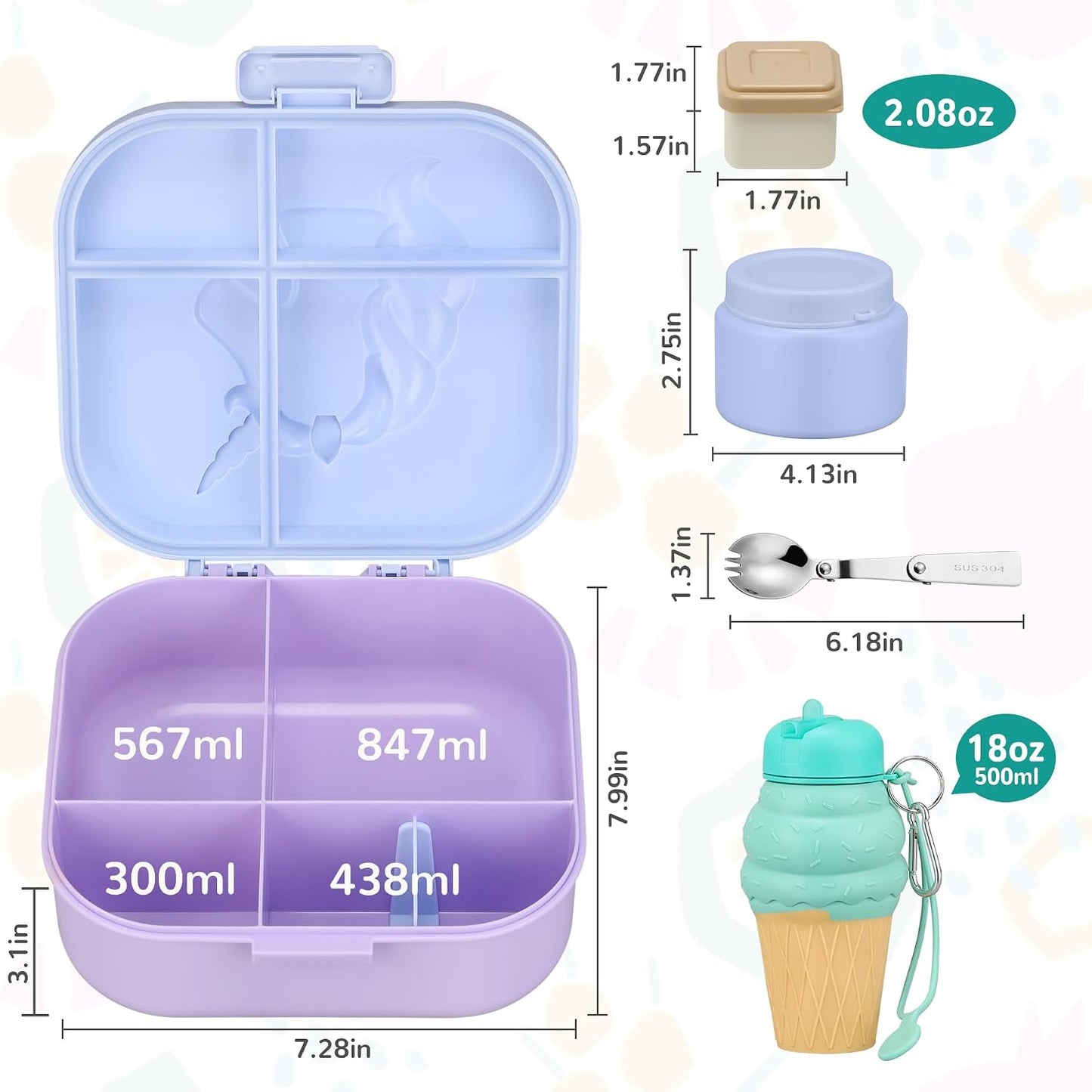 Lunch Box Kids, Leak Proof 5 Compartment Bento Box for Kids, 13oz Thermo for Hot Food Kids Lunch Box,Hot Lunch Box for School Travel