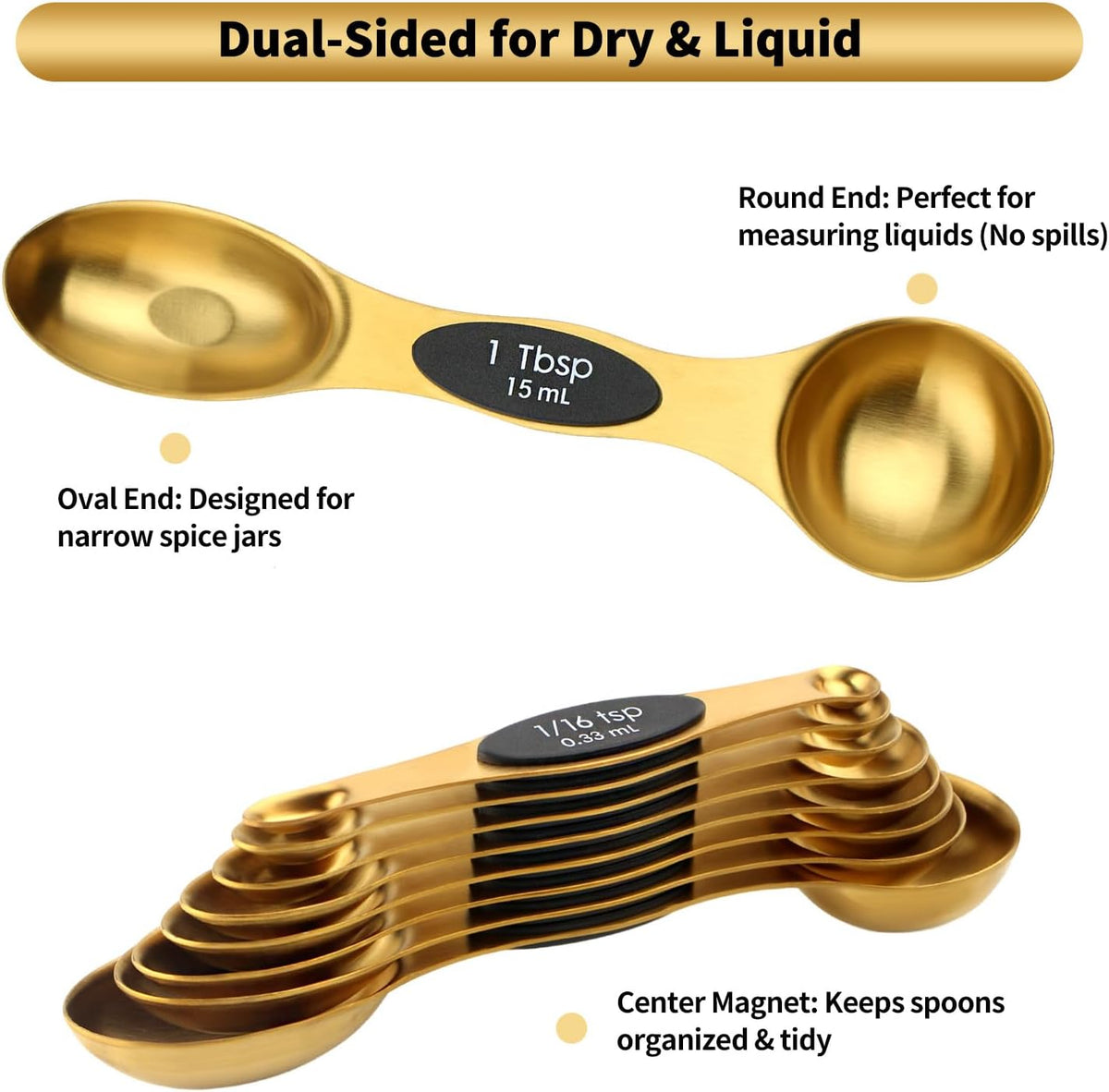 Magnetic Measuring Spoons Set Stainless Steel with Leveler, Dual-Sided Metal Measuring Spoons for Baking & Cooking, Fits in Spice Jars, Must-have Kitchen Gadgets, 8 Measuring Spoons & 1 Leveler, Black