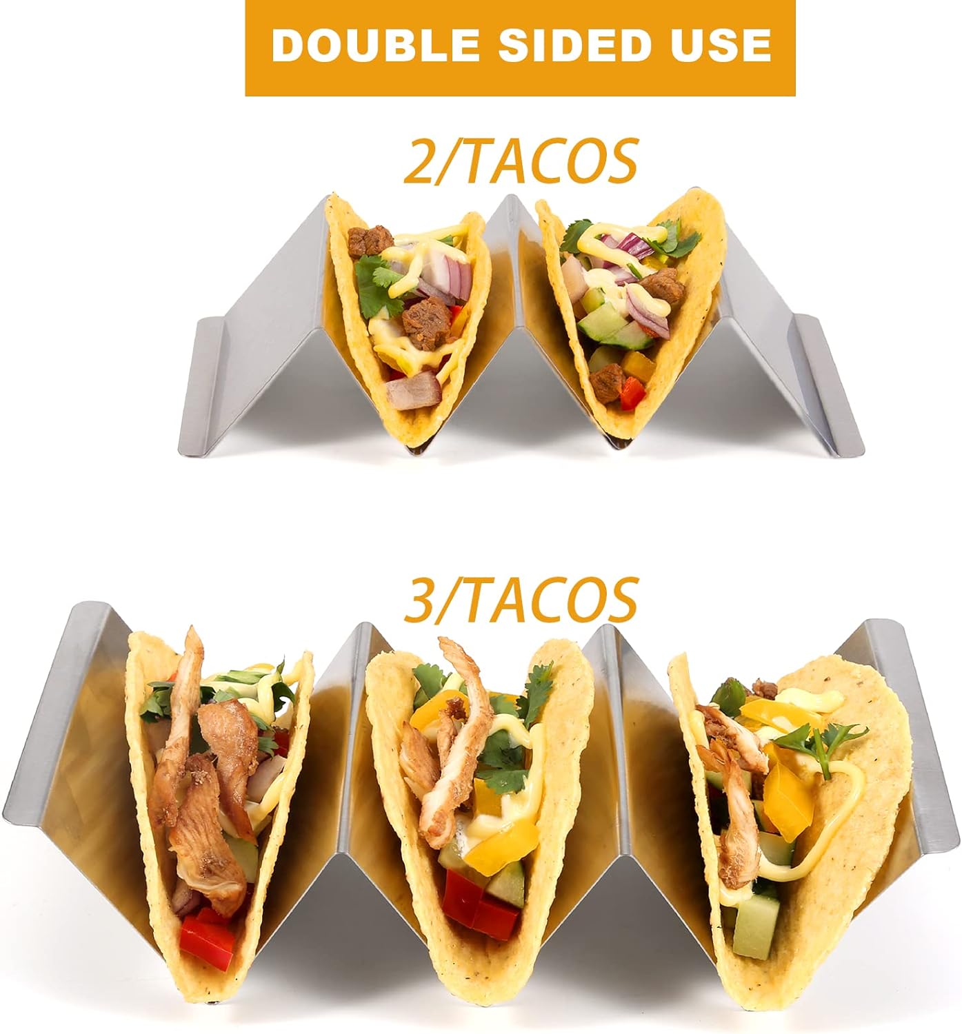 Taco Holders Set of 6, Taco Stand, Stainless Steel Taco Holder, with Easy-Access Handle, Each Can Hold 2 To 3 Tortillas, Oven Safe for Baking, Dishwasher Safety