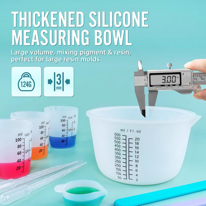 Silicone Resin Mixing Measuring Cups for Resin Supplies, 600ml/20oz Bowl, 250 & 100ml Thickened Reusable Silicone Cups for Epoxy Mixing, with Stir Sticks and Pipettes, Jewelry Making
