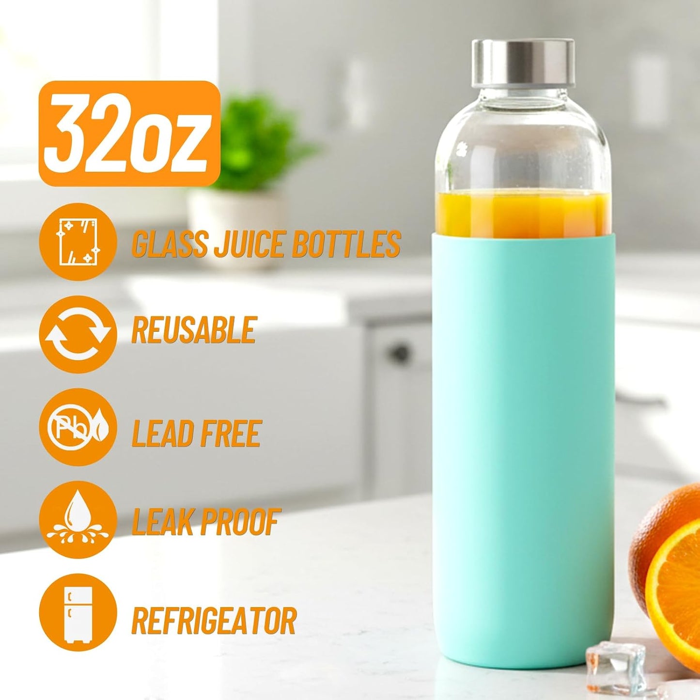 Clear Glass Bottles with Lids 18 oz, Reusable Glass Water Bottles with Stainless Steel Cap for Refrigerator, Juicing, 100% Leak Proof, BPA Free, Juice Bottle Drinking Jar Containers Set of 6