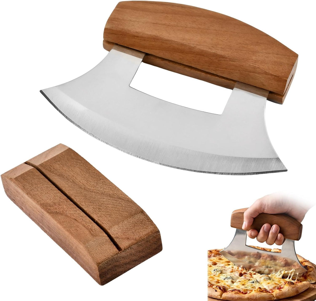 Alaskan Mezzaluna Ulu Knife, Sharp Rocker Mezzaluna Knife with Stand for Cutter Pizza, Meat, Vegetables, Herb, Salad, Chopper with Holder Base(COLOR:Walnut wood)