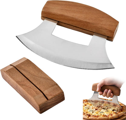 Alaskan Mezzaluna Ulu Knife, Sharp Rocker Mezzaluna Knife with Stand for Cutter Pizza, Meat, Vegetables, Herb, Salad, Chopper with Holder Base(COLOR:Walnut wood)