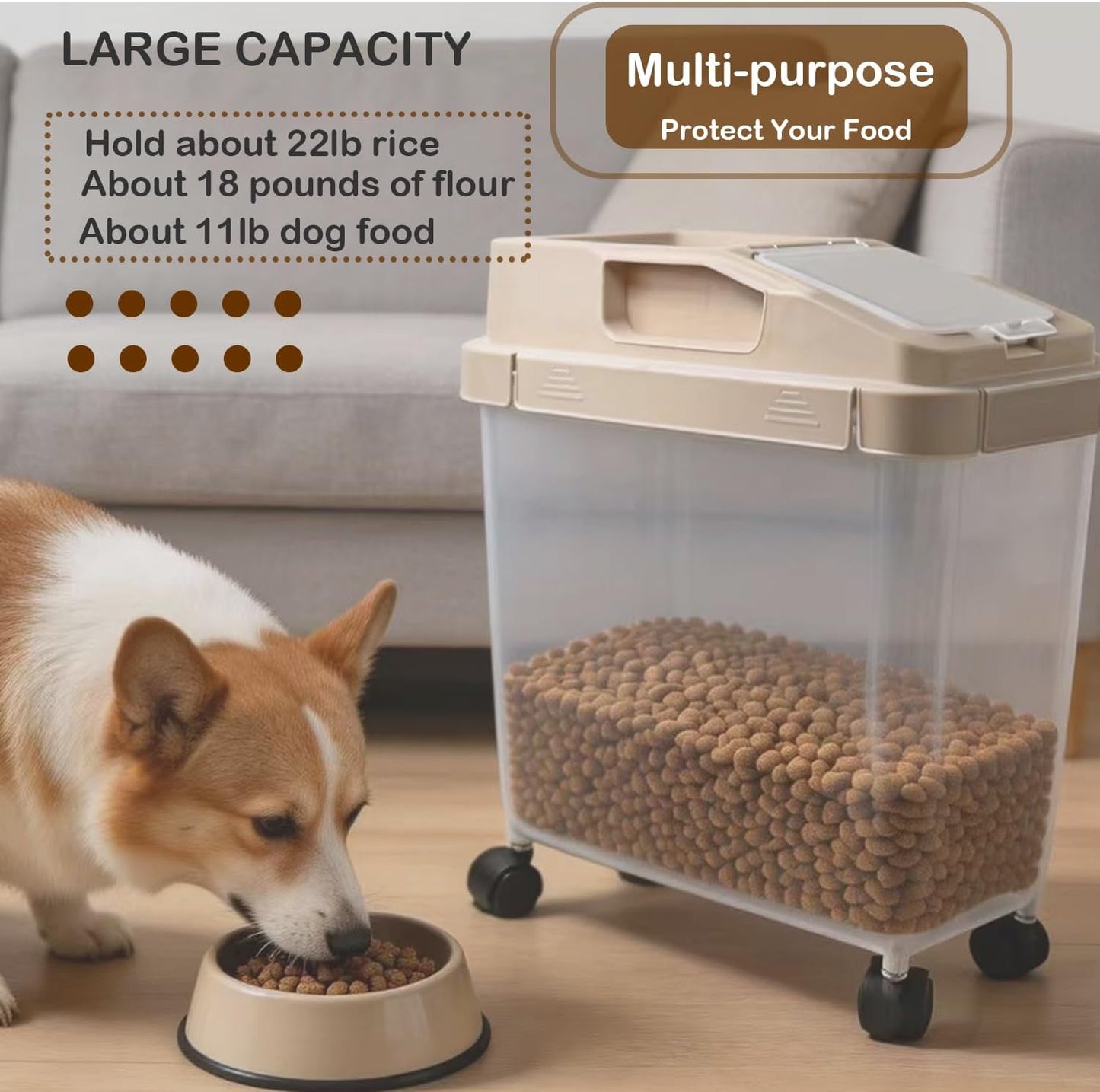 Rice Storage Container with Measuring Cup, Large-Capacity Sealed Moisture-Proof Kitchen Flour & Grain Container, Space-Saving Pet Food Storage Box with Wheels for Easy Organization