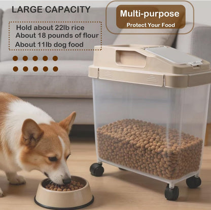 Rice Storage Container with Measuring Cup, Large-Capacity Sealed Moisture-Proof Kitchen Flour & Grain Container, Space-Saving Pet Food Storage Box with Wheels for Easy Organization