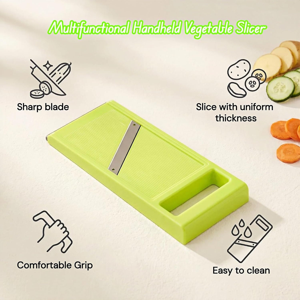 Handheld Potato Slicer & French Fry Cutter - Stainless Steel Vegetable Slicer for Homemade Fries, Carrots, Zucchini - Ergonomic Non-Slip Green Slicer 4.25x10.8in, Easy Clean