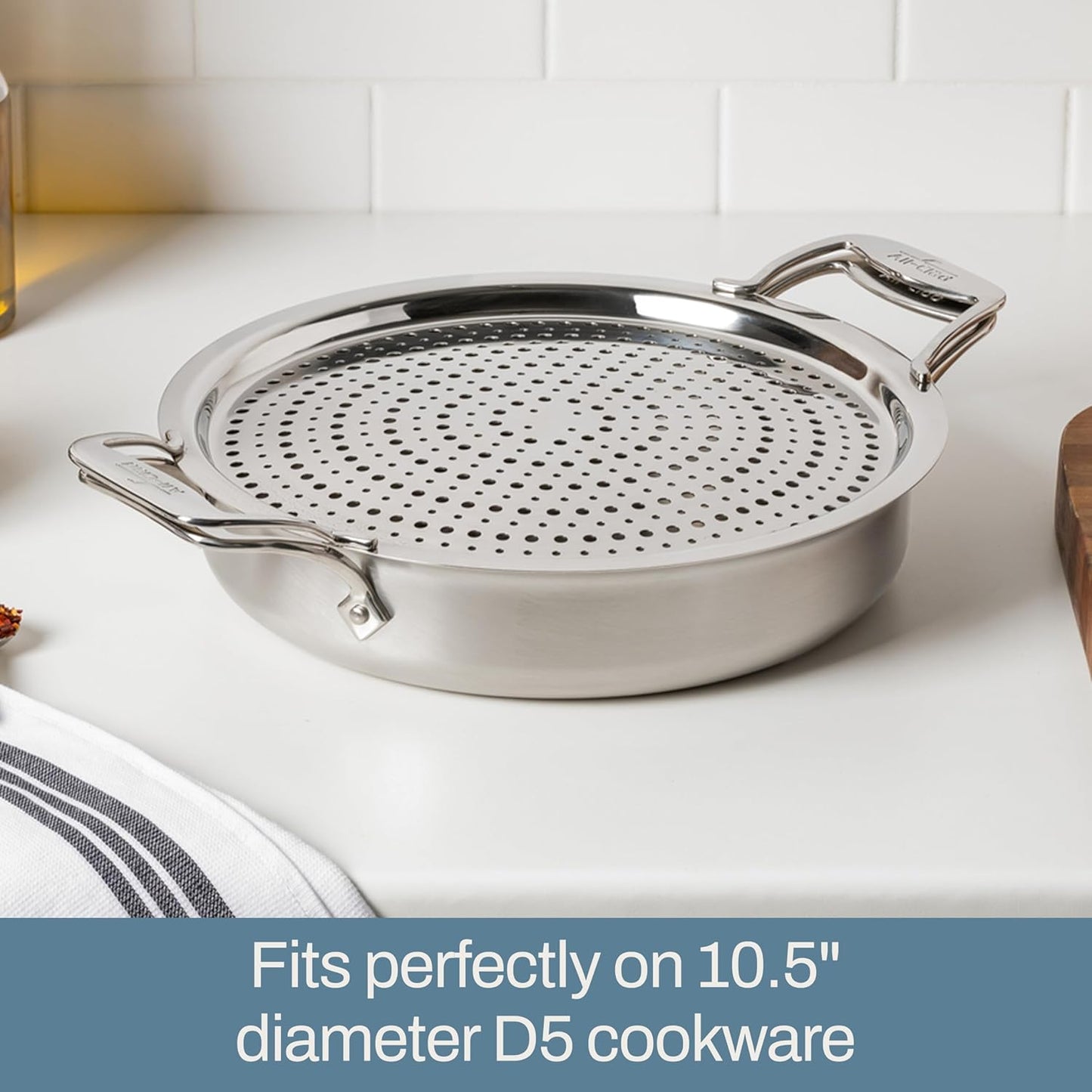 All-Clad Accessory, Stainless Steel Strain & Splatter Guard, 10.5-Inch, Easy, Mess-Free Straining, Multifunctional Design, Pots and Pans, Cookware, Kitchen Gadgets, Cooking Tools, Silver