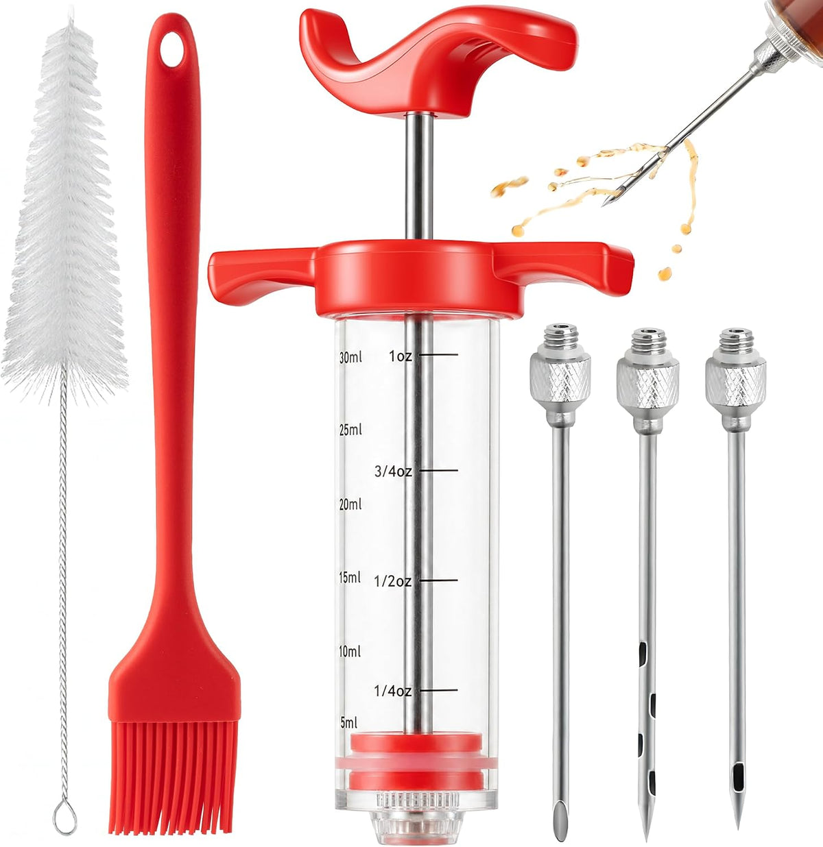 Li&Zhao Meat Injector Syringe Kit - 1-Oz Capacity with 3 Stainless Steel Needles, Cleaning Brush, Silicone Basting Brush-Essential Turkey Baster Syringe for Moisture-Infused BBQ, Smoked Meats, Pork