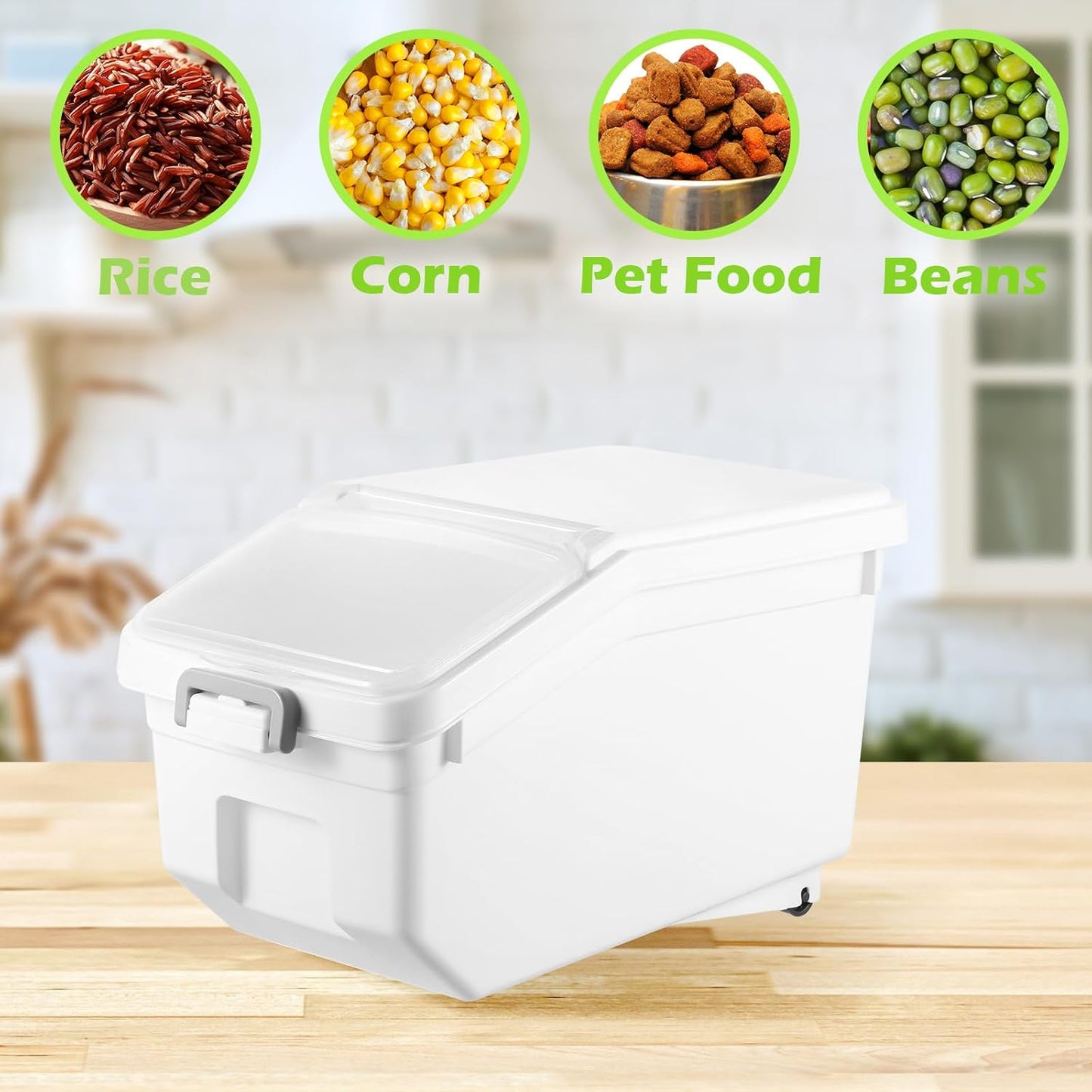 Sunnyray 4 Pcs Rice Storage Containers Bulk Flour Sugar Container Wheels Measuring Cups Set Airtight Pet Dog Cat Birds Food Bin Grain Cereal Organizer Box for Dry Baking (Beige,38 lb)