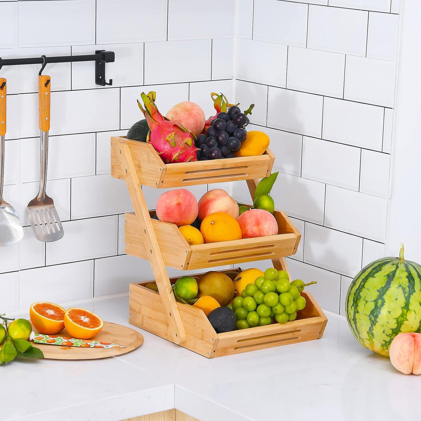 VIKEYHOME Fruit Basket, 2 Tier Bamboo Fruit Basket for Kitchen, 11" Tall Fruit Stand Storage Holder, Heavy Duty/Large Capacity for Vegetables, Fruit, and Snack, 15 mm Thickness (Self-assembly)