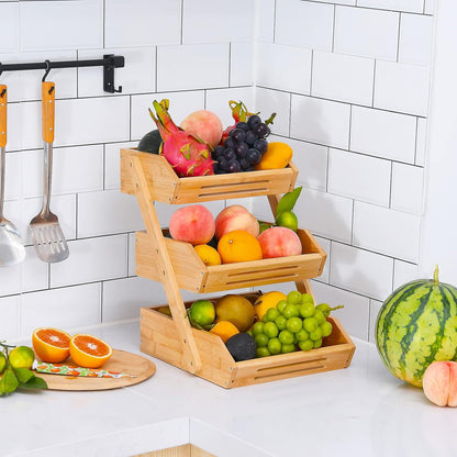 VIKEYHOME Fruit Basket, 2 Tier Bamboo Fruit Basket for Kitchen, 11" Tall Fruit Stand Storage Holder, Heavy Duty/Large Capacity for Vegetables, Fruit, and Snack, 15 mm Thickness (Self-assembly)