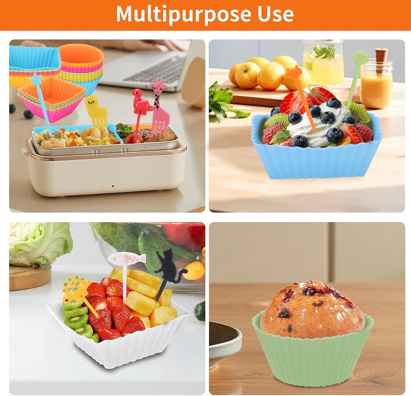 60PCS Silicone Lunch Box Dividers, Heavy-Duty Silicone Cupcake Liners for Muffin Cups, Reusable Kids' Lunch/Bento Box Accessories Set with Animal Forks, Food-Grade, BPA Free(20 Liners + 40 Picks)